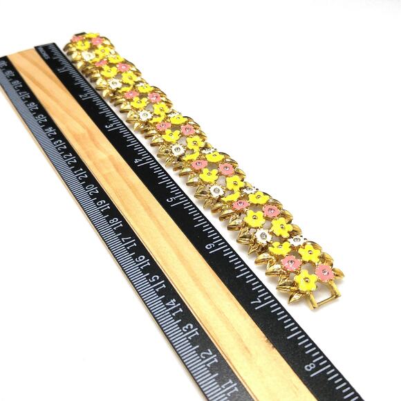1980s Monet Floral Enamel Bracelet Pink Yellow White Rhinestone Vintage Jewelry - Picture 7 of 10